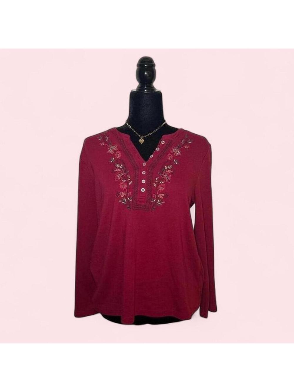 Tradition Red Long Sleeve Button Up Floral Embroidered Beaded Y2K